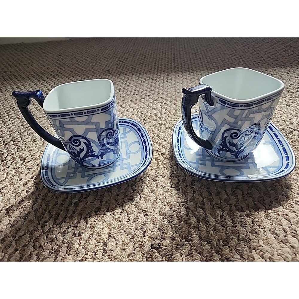 Bombay Cup & Saucers Square Mug 2 sets Penzance Blue White 4.25"
